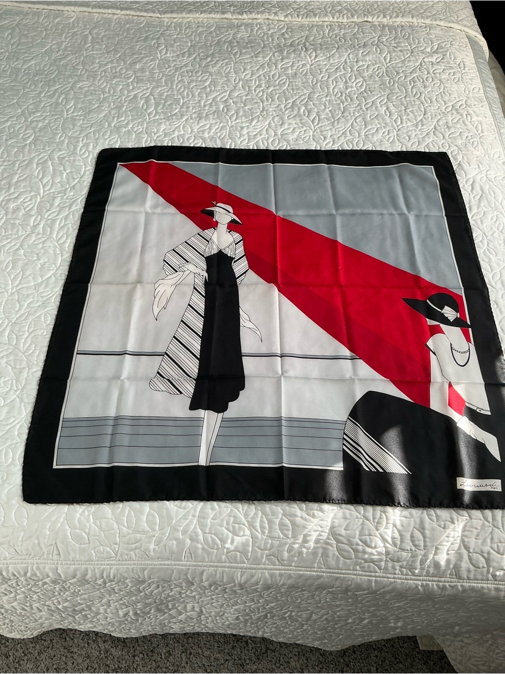 Silk Fashion Illustration Scarf in Black, White, gray and red